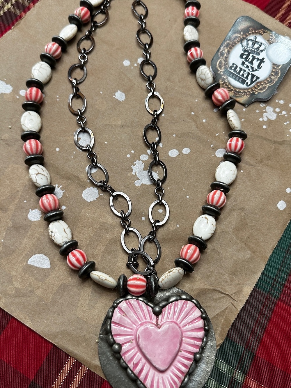 Layered Pink Heart Pendant Necklace with Beaded Chains
